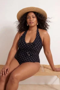 Trendyol Curve Black Puantiye Patterned Barbell Neck Plus Size Swimsuit