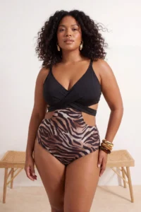 Trendyol Curve Zebra Patterned Cut Out Detailed Back tied up Covered Plus Size Swimsuit - Image 2