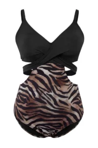 Trendyol Curve Zebra Patterned Cut Out Detailed Back tied up Covered Plus Size Swimsuit - Image 4