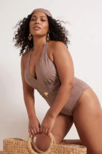 Trendyol Curve Brown Simli with accessories Deep V-neck Plus Size Swimsuit - Image 2