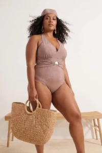Trendyol Curve Brown Simli with accessories Deep V-neck Plus Size Swimsuit - Image 3