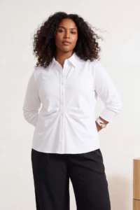 Trendyol Curve WHITE Balloon Sleeve Detailed Waist Fitting Asymmetric Fitted Shirt - Image 2