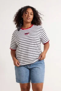 Trendyol Curve Black-WHITE Fish Embroidered Striped Kontrast Yaka Detailed Knitting Plus Size T-Shirt - Image 2