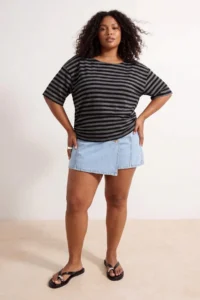 Trendyol Curve Anthracite-Black Striped Boat Neck Knitting Plus Size Blouse
