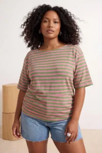 Trendyol Curve Pink-Green Striped Boat Neck Knitting Plus Size Blouse