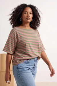Trendyol Curve Pink-Green Striped Boat Neck Knitting Plus Size Blouse - Image 2