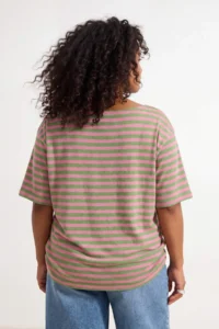 Trendyol Curve Pink-Green Striped Boat Neck Knitting Plus Size Blouse - Image 3