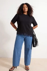 Trendyol Curve Black Skirt Ucu Lace Detailed slit Knitting Plus Size T-Shirt - Image 2