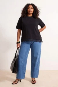 Trendyol Curve Black Skirt Ucu Lace Detailed slit Knitting Plus Size T-Shirt - Image 3
