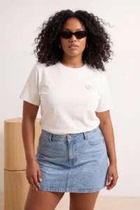 Trendyol Curve Ecru Embroidered Regular/Normal Pattern Short Sleeve 100% Cotton Knitting Plus Size T-Shirt - Image 2