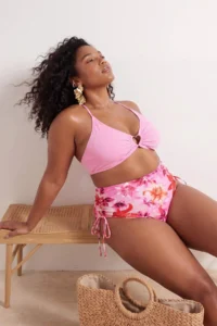 Trendyol Curve Pink flower patterned Side Binding Detailed Plus Size Bikini Bottom