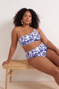 Trendyol Curve Mavi Tropical Patterned Embroidered High Waist Plus Size Bikini Bottom