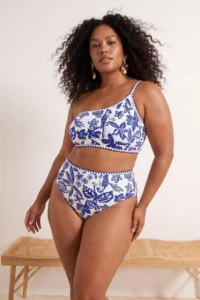 Trendyol Curve Mavi Tropical Patterned Embroidered High Waist Plus Size Bikini Bottom - Image 2