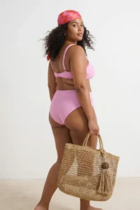 Trendyol Curve Pink Seashell textured Material Deep V Plus Size Bikini Top - Image 2