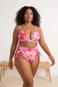 Trendyol Curve Pink flower patterned Pencere Detailed Plus Size Bikini Top