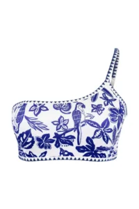 Trendyol Curve Mavi Tropical Patterned Embroidered One Shoulder Plus Size Bikini Top - Image 4