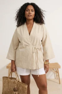 Trendyol Curve beachwear Ecru Double breasted Weaving Plus Size Kimono&Kaftan - Image 2