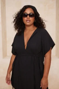 Trendyol Curve beachwear Black Sides Adjustable Shirred Plus Size Kimono&Kaftan - Image 3