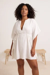 Trendyol Curve beachwear WHITE Sides Adjustable Shirred Plus Size Kimono&Kaftan