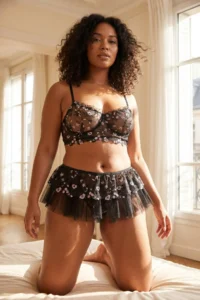 Trendyol Curve Black Floral Wireless Lingerie 3 Sets Set Plus Size Underwear Set