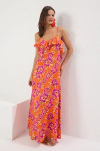 TRENDYOLMİLLA flower patterned Weaving with flywheel Beach Midi Dress