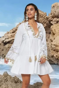 TRENDYOLMİLLA beachwear 100% Cotton WHITE Weaving Embroidered Mini Dress