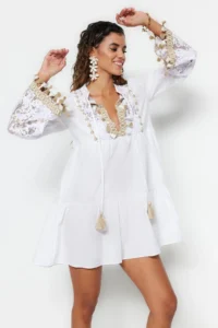 TRENDYOLMİLLA beachwear 100% Cotton WHITE Weaving Embroidered Mini Dress - Image 2