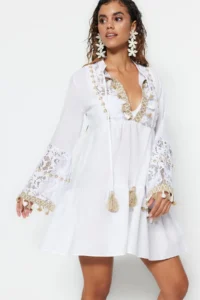 TRENDYOLMİLLA beachwear 100% Cotton WHITE Weaving Embroidered Mini Dress - Image 3