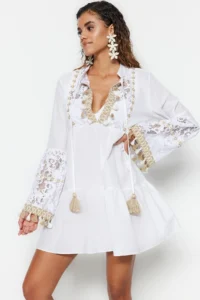 TRENDYOLMİLLA beachwear 100% Cotton WHITE Weaving Embroidered Mini Dress - Image 4