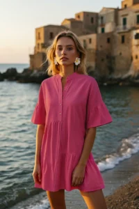 TRENDYOLMİLLA Pink Weaving with flywheel Beach Mini Dress