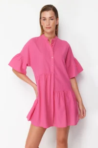 TRENDYOLMİLLA Pink Weaving with flywheel Beach Mini Dress - Image 3
