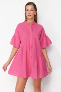 TRENDYOLMİLLA Pink Weaving with flywheel Beach Mini Dress - Image 4