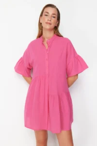TRENDYOLMİLLA Pink Weaving with flywheel Beach Mini Dress - Image 5