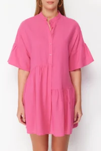 TRENDYOLMİLLA Pink Weaving with flywheel Beach Mini Dress - Image 6