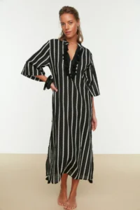 TRENDYOLMİLLA Black Striped Maxi Weaving 100% Cotton Tasseled Beach Kimono&Kaftan - Image 2