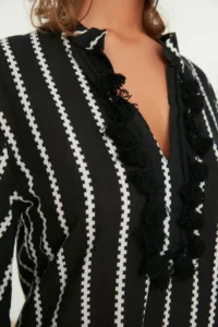 TRENDYOLMİLLA Black Striped Maxi Weaving 100% Cotton Tasseled Beach Kimono&Kaftan - Image 4