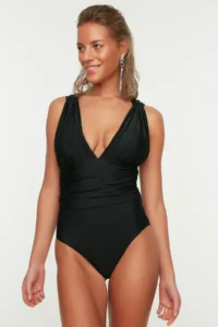 TRENDYOLMİLLA Black Drapeli Deep V-neck Covered Regular Swimsuit