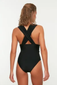 TRENDYOLMİLLA Black Drapeli Deep V-neck Covered Regular Swimsuit - Image 5