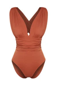 TRENDYOLMİLLA Brick Red Drapeli Deep V-neck Covered Regular Swimsuit - Image 6