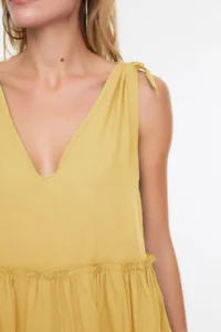 TRENDYOLMİLLA Yellow Weaving Frilly 100% Cotton Beach Mini Dress - Image 2