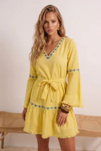 TRENDYOLMİLLA Yellow Belted Mini Weaving with flywheel Beach Dress - Image 3