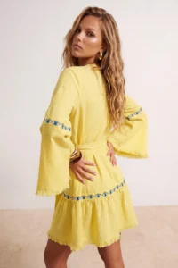 TRENDYOLMİLLA Yellow Belted Mini Weaving with flywheel Beach Dress - Image 4