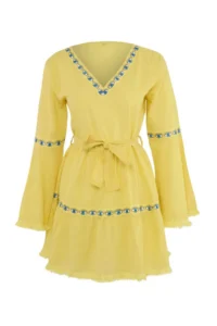 TRENDYOLMİLLA Yellow Belted Mini Weaving with flywheel Beach Dress - Image 5