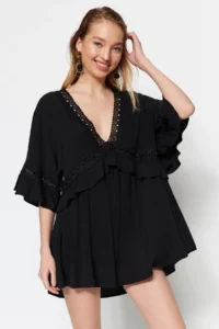 TRENDYOLMİLLA Black Weaving striped Beach Mini Dress - Image 7
