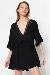 TRENDYOLMİLLA Black Weaving striped Beach Mini Dress - Image 8