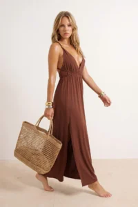 TRENDYOLMİLLA Dark Brown Maxi Weaving tied up Beach Dress - Image 3