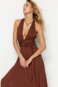 TRENDYOLMİLLA Brown Knitting Binding Detailed Maxi Beach Dress - Image 2