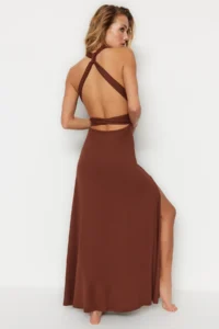 TRENDYOLMİLLA Brown Knitting Binding Detailed Maxi Beach Dress - Image 5