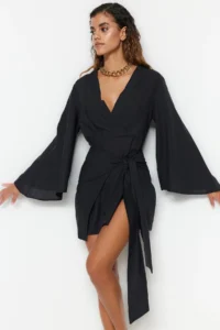 TRENDYOLMİLLA beachwear Black Weaving Binding Detailed Mini Dress