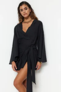 TRENDYOLMİLLA beachwear Black Weaving Binding Detailed Mini Dress - Image 2